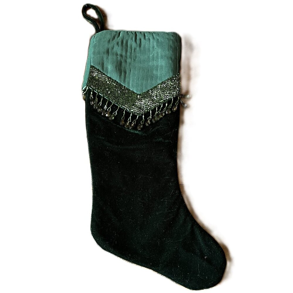 Forest Green Velvet Christmas Stocking/Fabric Brim, Beaded Fringe, Satin Lining